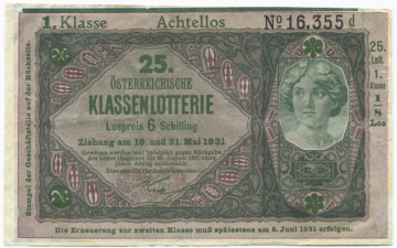 1/8 Los zu 6 Schilling 1931 (Lotterielos auf Donaustaat-Note)