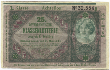 1/8 Los zu 6 Schilling 1931 (Lotterielos auf Donaustaat-Note)