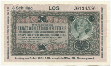 Los zu 3 Schilling 1931 (Lotterielos auf Donaustaat-Note)