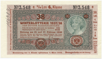 1/8 Los zu 6 und 24 Schilling 1938 (Lotterielos auf Donaustaat-Note)