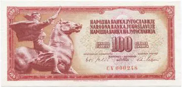 100 Dinara 1965 (Reiterstandbild nach Augustincic)